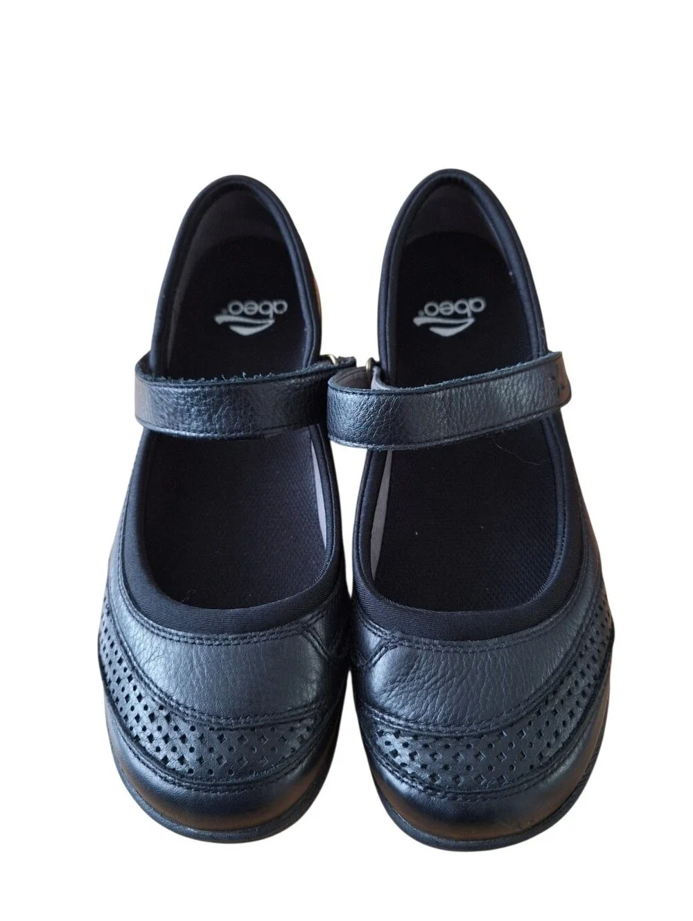 Abeo Ethel Smart System Black Leather Mary Jane Flats Shoes Velcro Strap 9.5